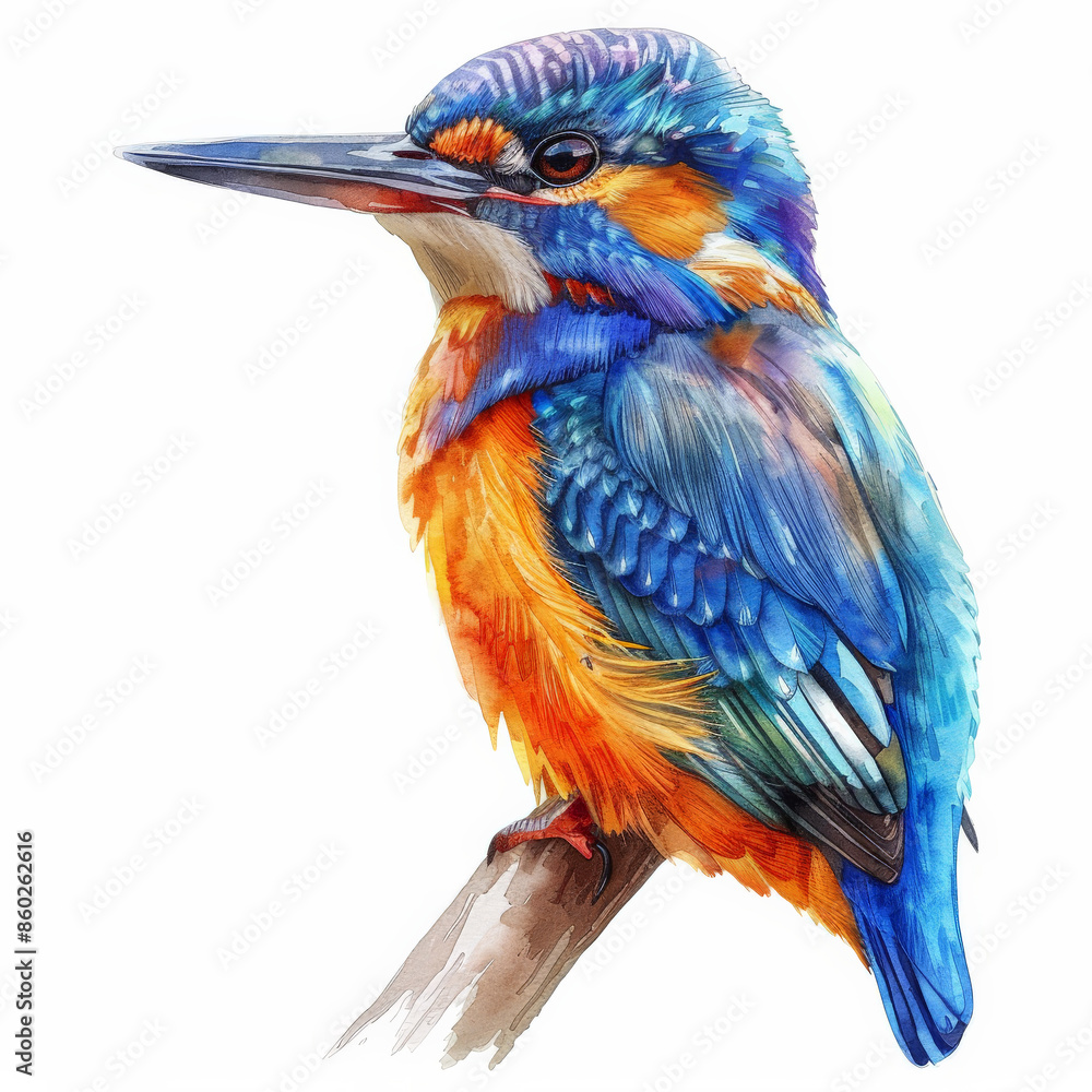 Fototapeta premium A majestic kingfisher with a bright plumage, depicted in vibrant watercolor hues, beautifully isolated on a pristine white background
