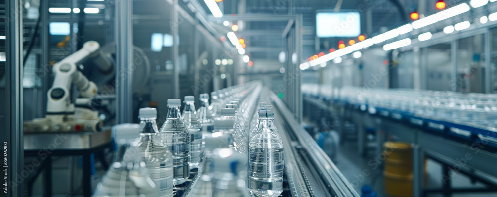 A highly efficient bottling factory production line for beverages, showcasing the latest in automation technology. The scene includes robots conducting quality assurance checks, a seamless conveyor A highly efficient bottling factory production line for beverages, showcasing the latest in automation technology. The scene includes robots conducting quality assurance checks, a seamless conveyor