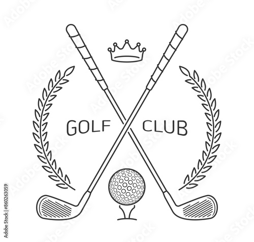 Golf Club Logo With Crossed Golf Clubs, a Ball, a Crown and Laurels in Outline Style