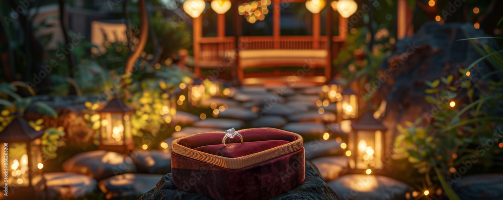 A heart-shaped diamond engagement ring in a plush velvet box, ready for a romantic proposal. The scene includes a charming garden setting with fairy lights, a gazebo, and a path lined with lanterns