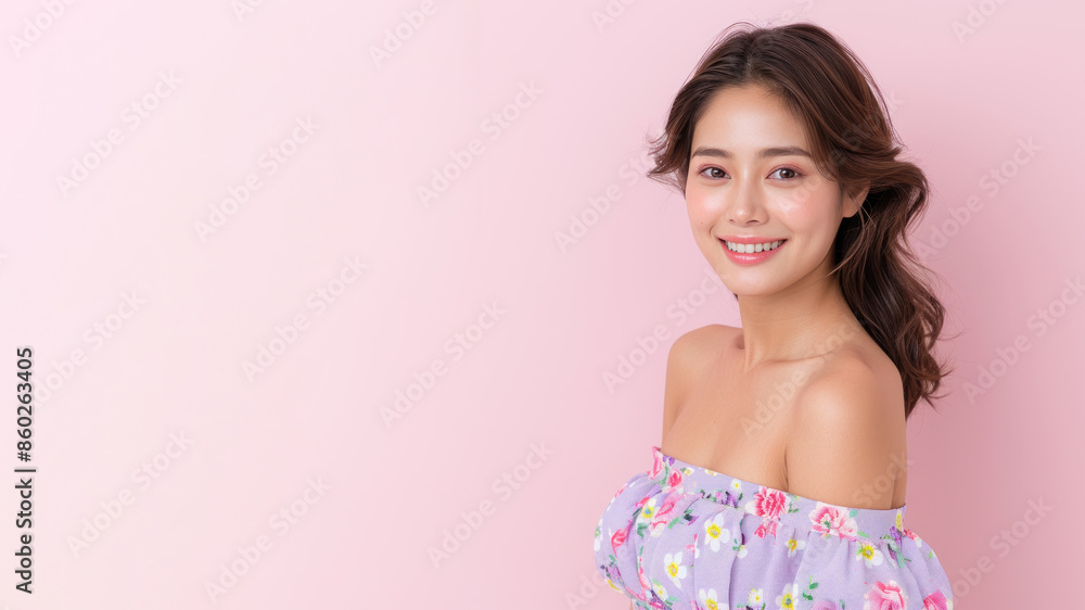 Korean elegant woman smile in purple sundress isolated on pastel Korean elegant woman smile in purple sundress isolated on pastel