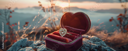 An engagement ring featuring a heart-shaped diamond set in a luxurious velvet box. The romantic proposal setting includes a mountain overlook at sunrise, with a picnic setup and a breathtaking view of photo