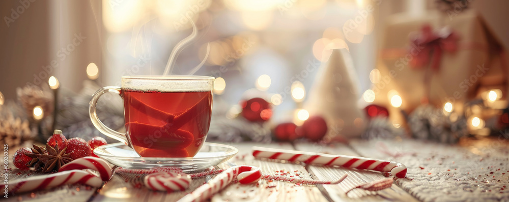 A cozy tea background with a steaming mug of peppermint tea, candy canes, and holiday decorations arranged on a table A cozy tea background with a steaming mug of peppermint tea, candy canes, and holiday decorations arranged on a table