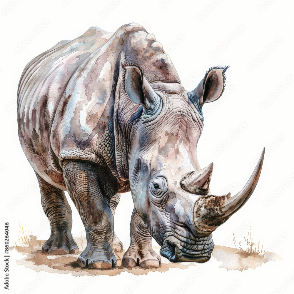 Fototapeta premium A majestic rhinoceros with its horn raised, rendered in rich watercolor tones, beautifully isolated on a pristine white background