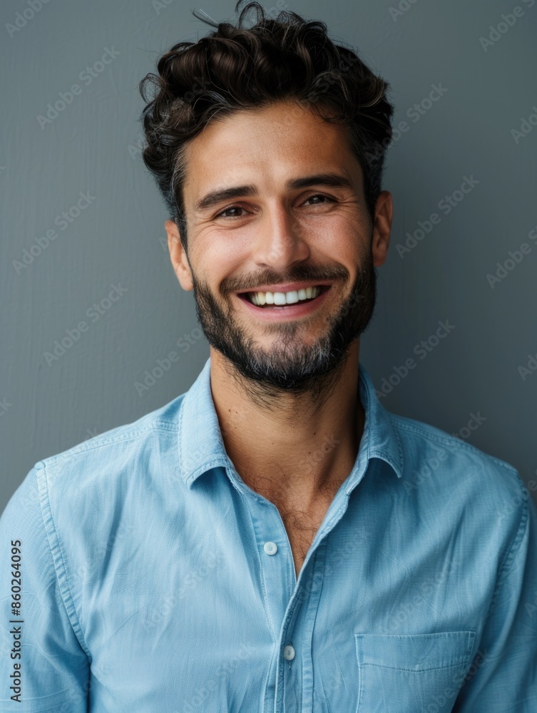 Fototapeta premium A smiling man with a beard looking directly at the camera
