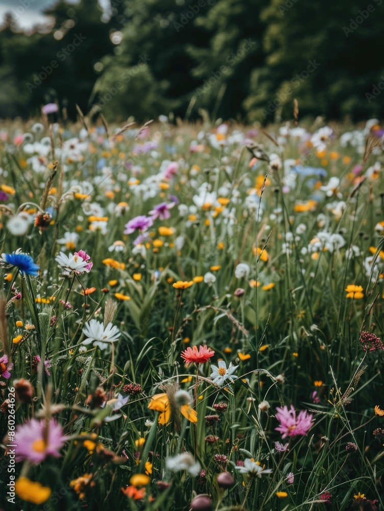 Obraz premium A field full of colorful wildflowers with trees in the background, great for spring or nature-themed projects