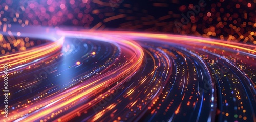 A high-definition 3D rendered image of a highway road merging with a digital landscape, with vibrant digital patterns and futuristic light effects.