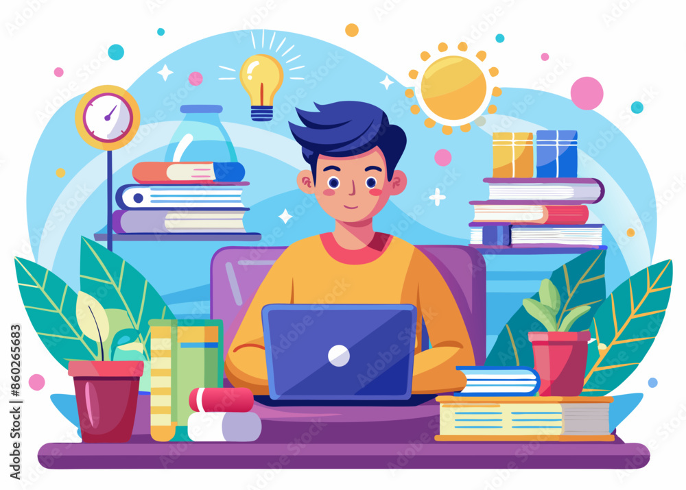 Design a flat PNG illustration of a beautiful student studying at a desk with books, a laptop, and educational materials around. Use bright, solid colors and simple geometric shapes. Design a flat PNG illustration of a beautiful student studying at a desk with books, a laptop, and educational materials around. Use bright, solid colors and simple geometric shapes.