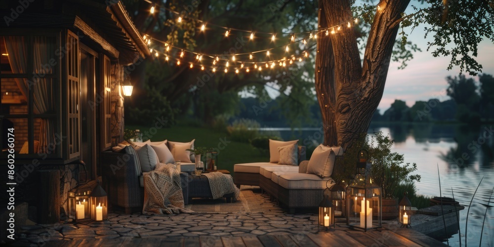 Obraz premium Cozy outdoor seating area with a couch, table and candles