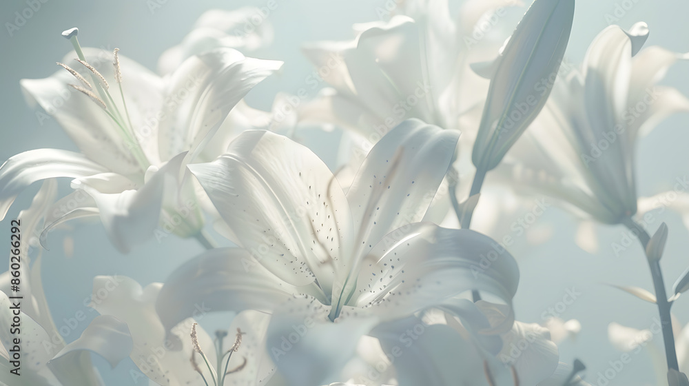 Fototapeta premium Flowers heads of white lilies Floral mock up Mourning or funeral background : Generative AI