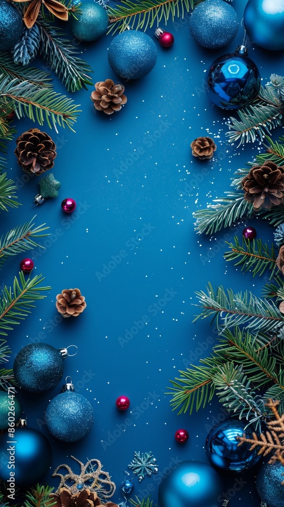 Blue Christmas background with pine tree branches and shiny balls decoration. Xmas frame, greeting card template, banner mockup. Flat lay, top view, copy space Blue Christmas background with pine tree branches and shiny balls decoration. Xmas frame, greeting card template, banner mockup. Flat lay, top view, copy space