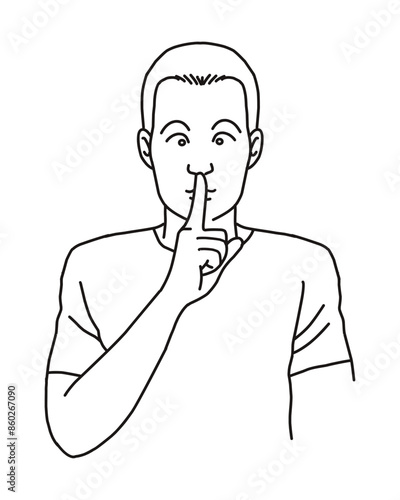 man making a quiet gesture. vector illustration isolated cartoon hand drawn. Line art.