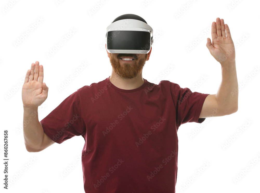 Smiling man using virtual reality headset on white background Smiling man using virtual reality headset on white background