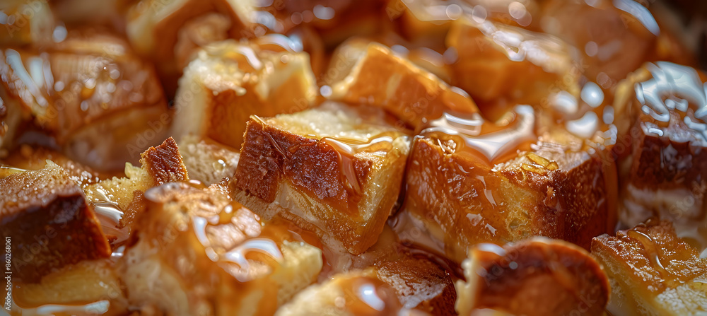 Close-up of fast food bread pudding showcasing detailed textures of the soft bread and caramel drizzle Close-up of fast food bread pudding showcasing detailed textures of the soft bread and caramel drizzle