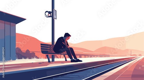Man sitting on railway platform. flat vector style 