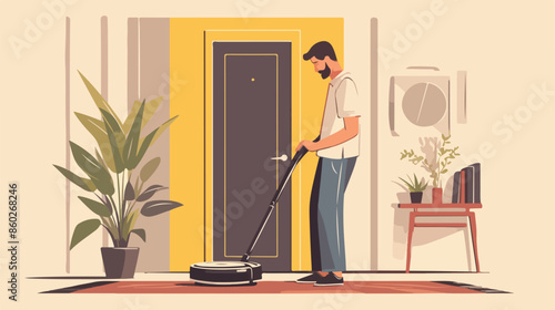 Man with robot vacuum cleaner. flat vector style 