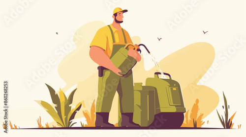 Man with oil can and filling nozzle. flat vector style