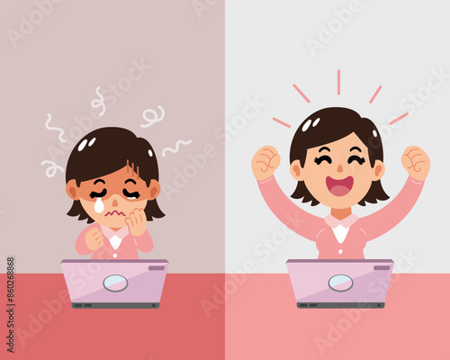 Cartoon businesswoman expressing different emotions for design.