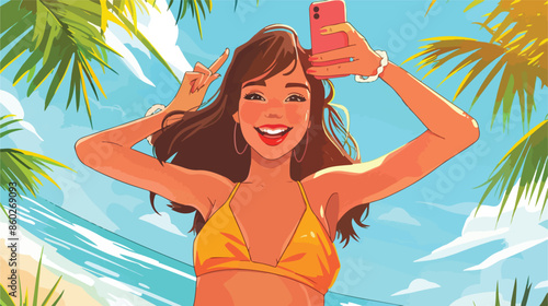 Young woman make selfie in swimsuit Summer vacation