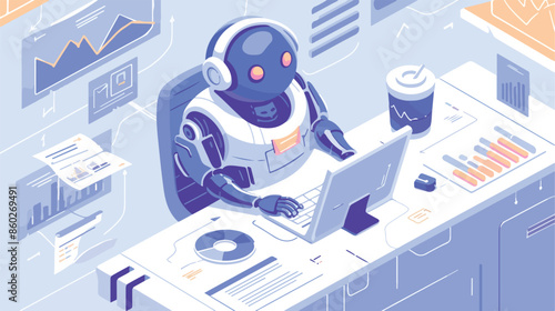 Wallpaper Mural Modern robot working with analytics data pie charts  Torontodigital.ca