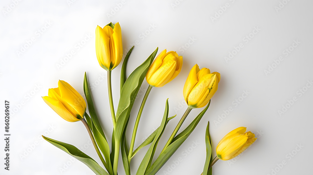 Obraz premium Yellow tulip flowers bouquet on white background Isolated on white Top view flat lay : Generative AI
