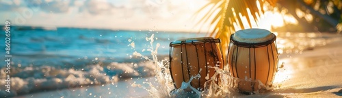 Congas on the Beach at Sunset - Two conga drums sit on a sandy beach, partially submerged in the foamy surf of the ocean, at sunset.