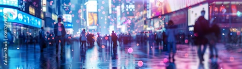 Biometric Scanner, futuristic, data privacy concerns, in a crowded city square with holographic advertisements, raining lightly, 3D render, backlight, chromatic aberration