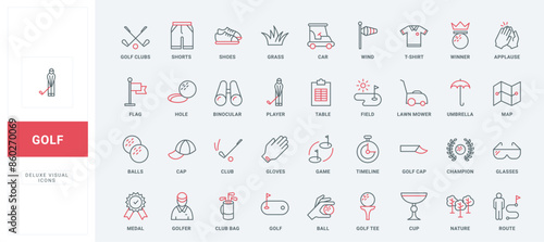Golf equipment and professional tournament of players line icon set. Bag of clubs and ball for hole on grass field, course map and champion award thin black and red outline symbols vector illustration