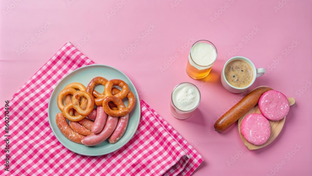 op view of a wooden table set with traditional Oktoberfest food: pretzels, sausages, mustard, and beer mugs with frothy beer op view of a wooden table set with traditional Oktoberfest food: pretzels, sausages, mustard, and beer mugs with frothy beer