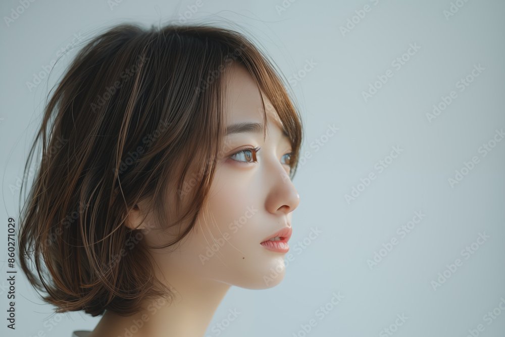 side profile of young asian woman with short brown hair in natural light side profile of young asian woman with short brown hair in natural light