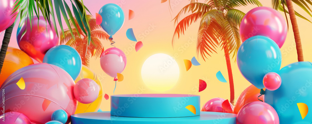 A podium with balloons in vibrant, tropical colors, set against a summer-themed birthday background with palm trees and sunshine A podium with balloons in vibrant, tropical colors, set against a summer-themed birthday background with palm trees and sunshine