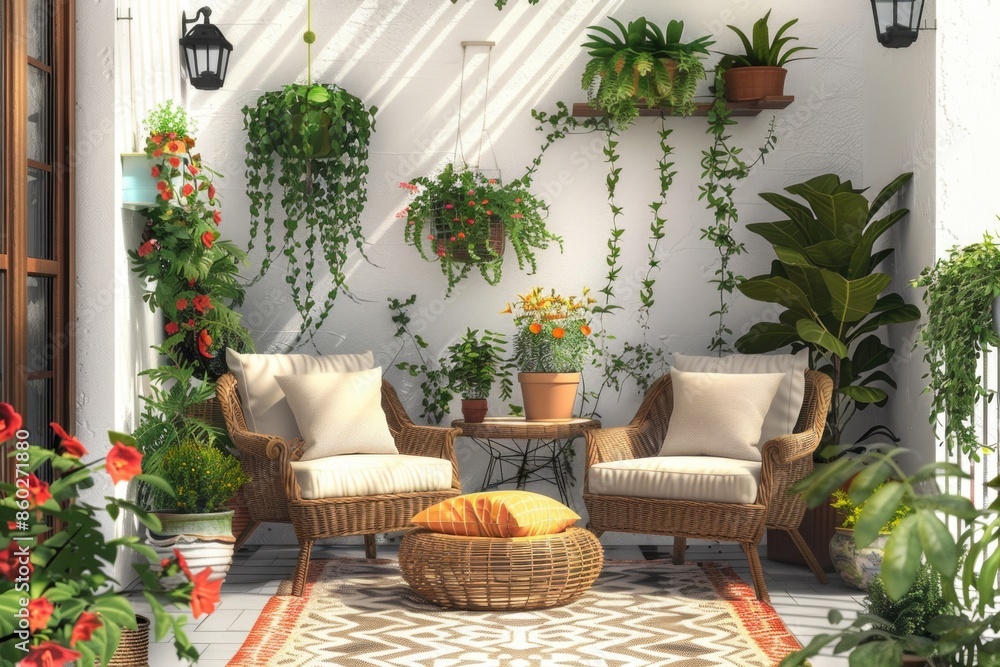 Obraz premium A cozy outdoor space with a living wall featuring various plants and greenery,
