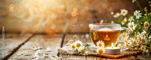 A serene tea background with a cup of chamomile tea, fresh chamomile flowers, and a small candle on a wooden table