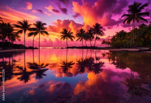 tranquil tropical sunset reflecting calm waters, peaceful, serene, placid, still, quiet, relaxing, beautiful, scenic, dusk, evening, sky, clouds, horizon, nature