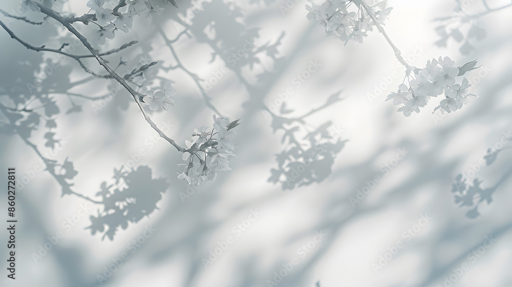 Blurred overlay effect for photo Gray shadows of cherry tree blooming branches on a white wall Abstract neutral nature concept background for design presentation : Generative AI Blurred overlay effect for photo Gray shadows of cherry tree blooming branches on a white wall Abstract neutral nature concept background for design presentation : Generative AI