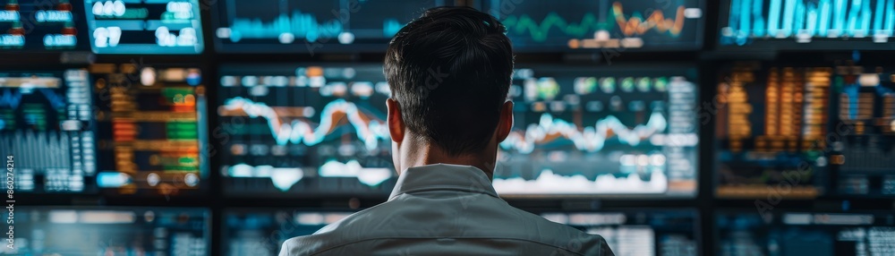 Man Viewing Financial Data on Multiple Screens - A man is looking at a wall of monitors displaying various financial charts, data, and graphs. Man Viewing Financial Data on Multiple Screens - A man is looking at a wall of monitors displaying various financial charts, data, and graphs.