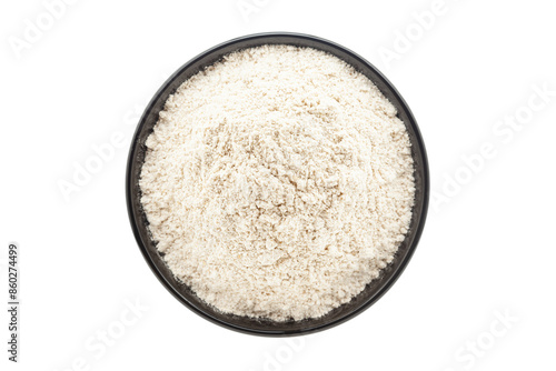 Organic Sorghum Flour (Sorghum bicolor) or Jowar Flour, in a black ceramic bowl. Isolated on a white background. Top View photo