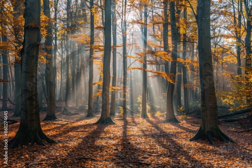 Fototapeta Naklejka Na Ścianę i Meble -  Sunlight filtering through a canopy of autumn leaves in a peaceful woodland.