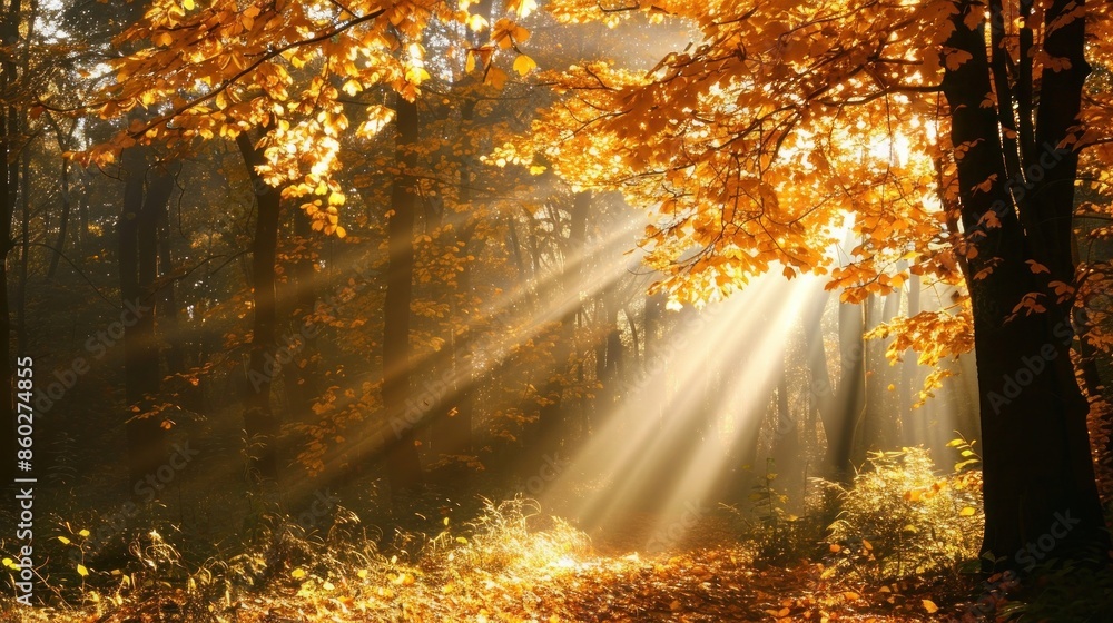 Obraz premium Sunlight filtering through a canopy of golden foliage in a tranquil forest.