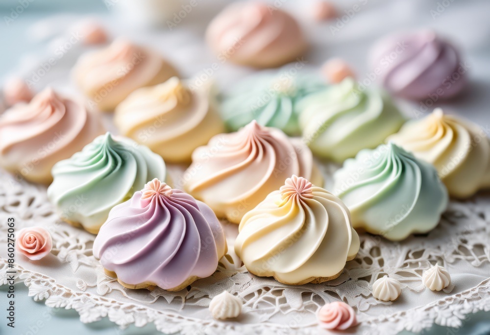 elegant meringue cookies displayed delicate lace cloth, sweet, white, airy, crispy, light, sugary, homemade, beautiful, intricate, decoration, fancy, dainty elegant meringue cookies displayed delicate lace cloth, sweet, white, airy, crispy, light, sugary, homemade, beautiful, intricate, decoration, fancy, dainty