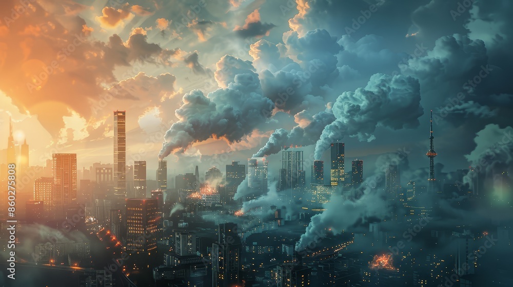 Smog Over an Urban Skyline at Sunset - A panoramic view of a city shrouded in smog with a vibrant sunset behind it, creating a hazy and dramatic effect. Smog Over an Urban Skyline at Sunset - A panoramic view of a city shrouded in smog with a vibrant sunset behind it, creating a hazy and dramatic effect.