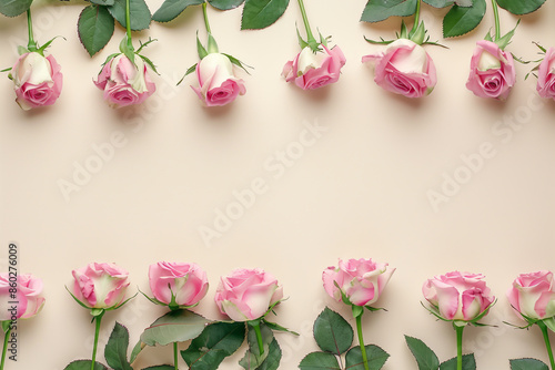 A border of pink roses on a pastel background with copy space for text photo