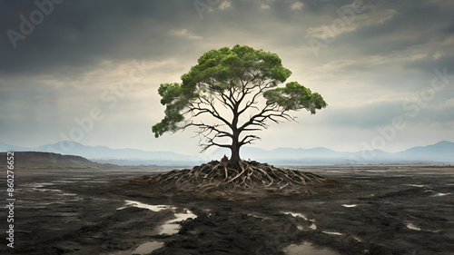 a single tree standing in a desolate, polluted landscape, surrounded by discarded waste, symbolizing the resilience of nature amidst environmental degradation photo