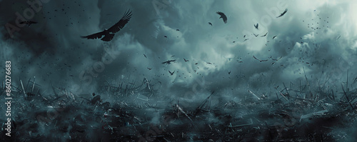 Dark Gothic fantasy background featuring a desolate battlefield with broken weapons and armor scattered across the ground. The sky is dark and ominous, with crows circling overhead.