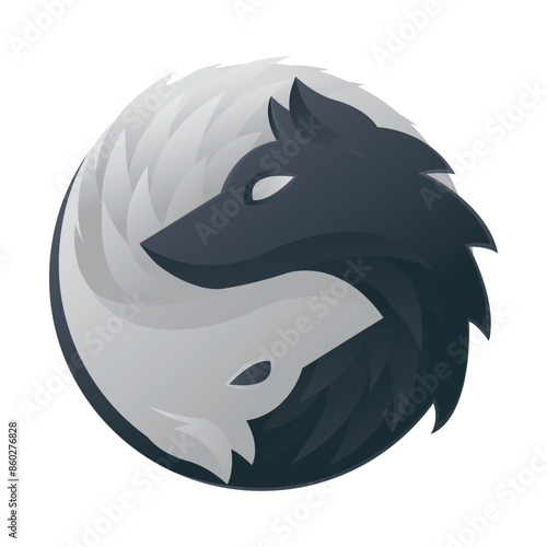 vector hand drawn illustration artwork two wolf heads forming yin and yang, wolf logo