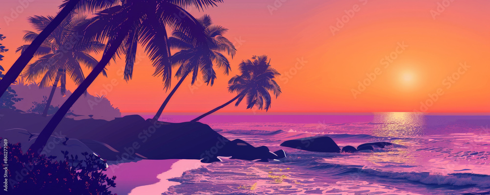 Romantic sunset wedding mockup card background with a gradient from warm orange to deep purple. Silhouetted palm trees and gentle waves add to the serene setting. Romantic sunset wedding mockup card background with a gradient from warm orange to deep purple. Silhouetted palm trees and gentle waves add to the serene setting.