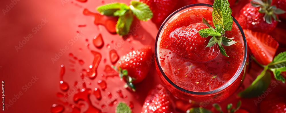 A vibrant fresh juice background with a glass of strawberry juice, garnished with fresh strawberries and mint leaves, set against a bright red backdrop A vibrant fresh juice background with a glass of strawberry juice, garnished with fresh strawberries and mint leaves, set against a bright red backdrop
