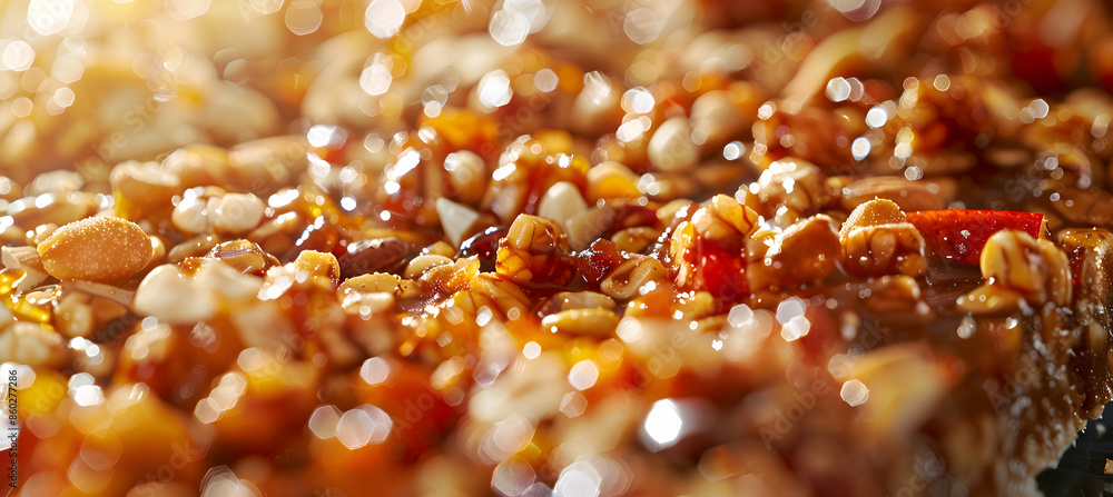 Close-up of fast food energy bars showcasing detailed textures of the crunchy nuts and chewy fruits Close-up of fast food energy bars showcasing detailed textures of the crunchy nuts and chewy fruits