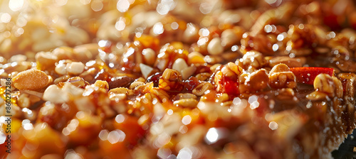 Close-up of fast food energy bars showcasing detailed textures of the crunchy nuts and chewy fruits