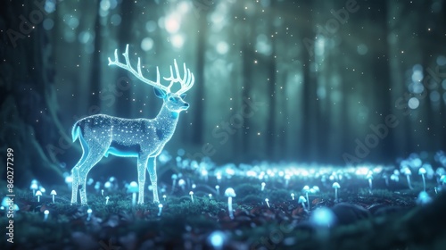Enchanting digital art depicting a luminous deer in a magical forest with glowing mushrooms and a mystic ambiance.